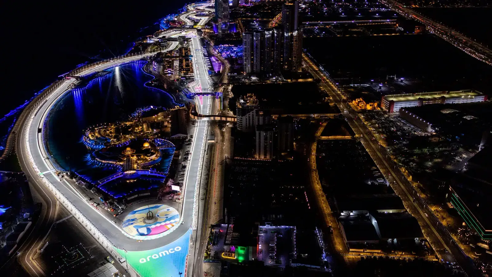 Night aerial of Jeddah circuit and waterfront