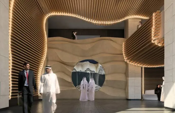Hospitality reception and wood-slat interior