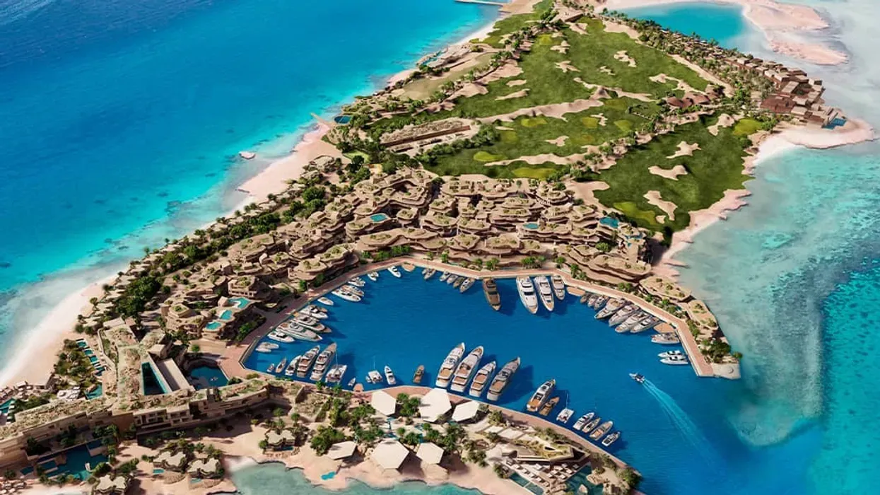 Aerial resort island and marina visualization